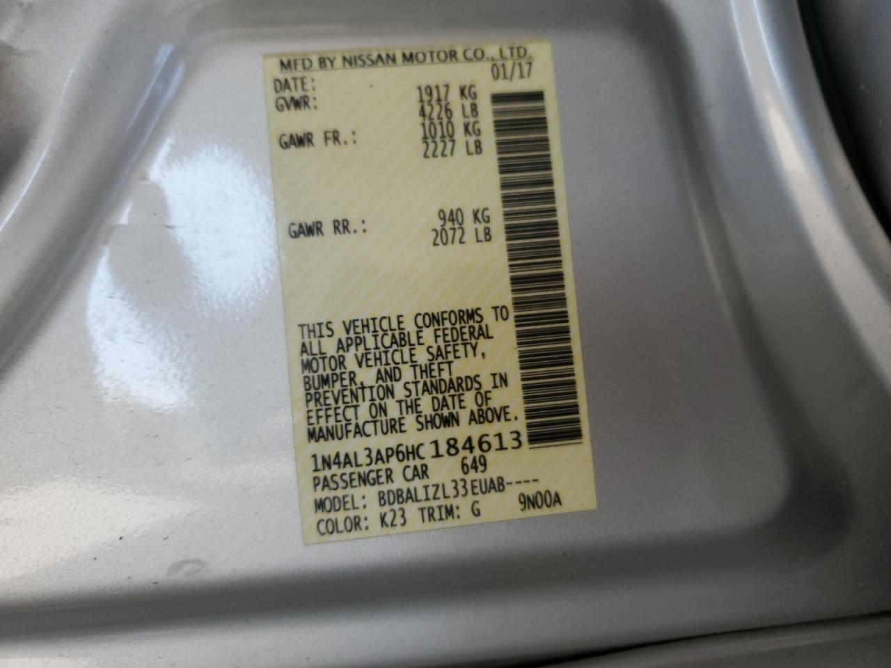 2017 Nissan Altima 2.5 VIN: 1N4AL3AP6HC184613 Lot: 82358215