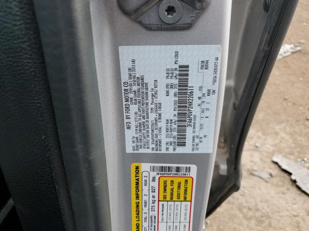 2017 Ford Fusion Sport VIN: 3FA6P0VP2HR220611 Lot: 86524965