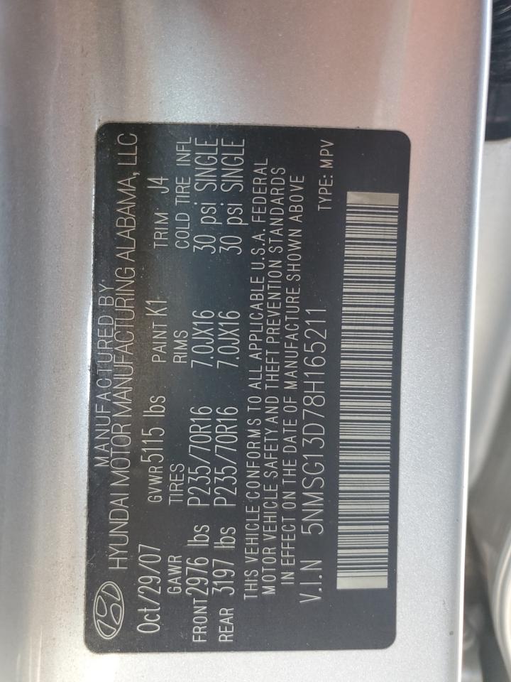 2008 Hyundai Santa Fe Gls VIN: 5NMSG13D78H165211 Lot: 86849055