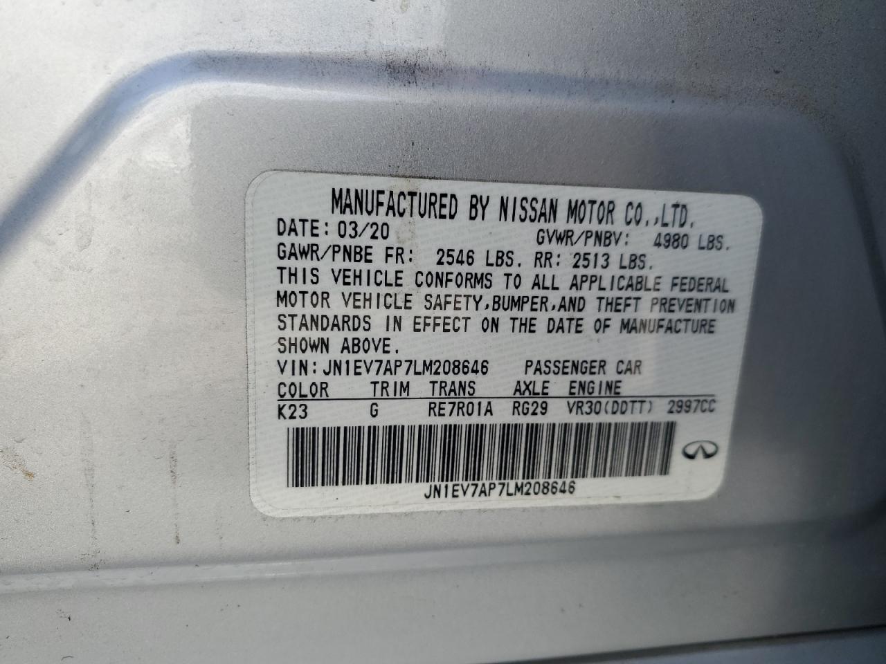 2020 Infiniti Q50 Pure VIN: JN1EV7AP7LM208646 Lot: 82287775