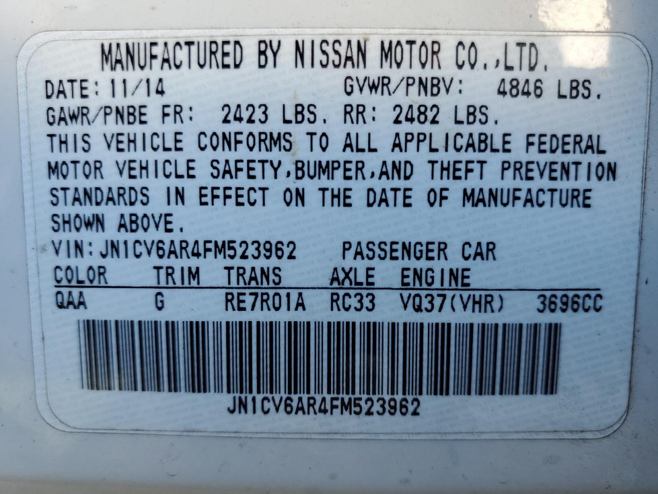 2015 Infiniti Q40 VIN: JN1CV6AR4FM523962 Lot: 85691785