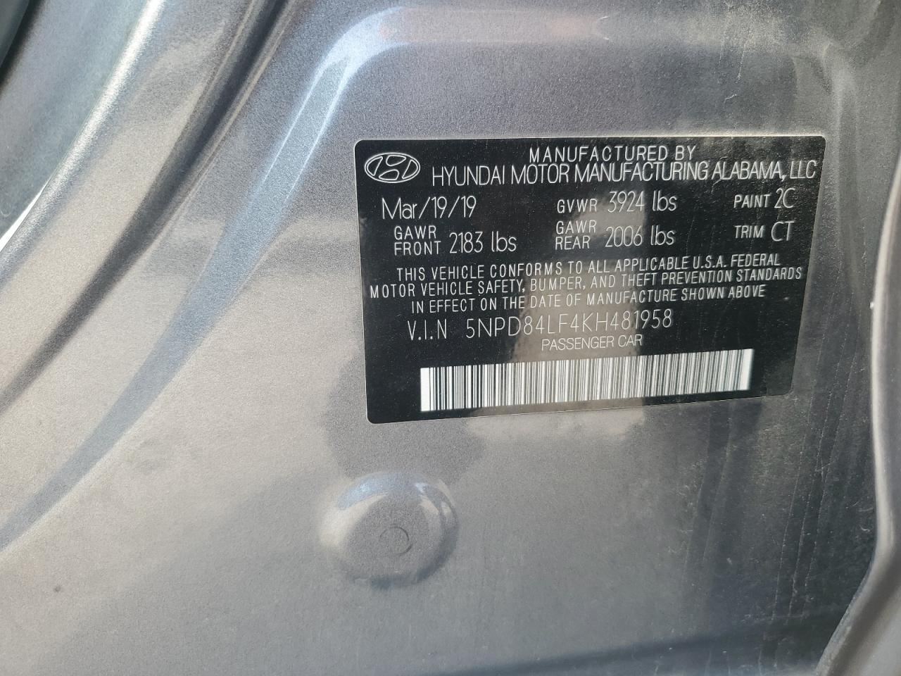 2019 Hyundai Elantra Sel VIN: 5NPD84LF4KH481958 Lot: 84639675