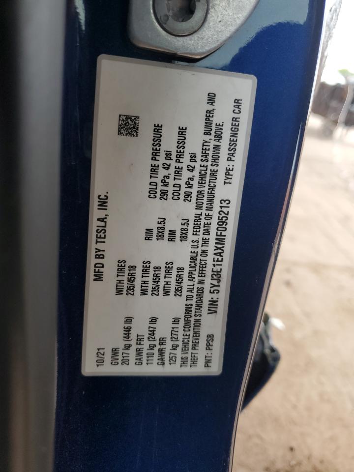 2021 Tesla Model 3 VIN: 5YJ3E1EAXMF095213 Lot: 85760645