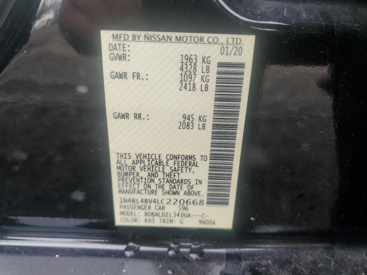 2020 Nissan Altima S VIN: 1N4BL4BV4LC220668 Lot: 85592215