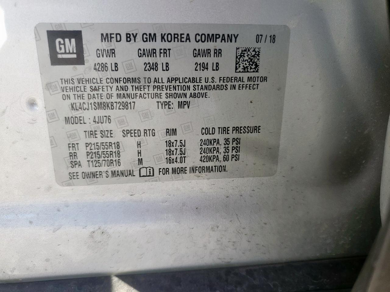 2019 Buick Encore Sport Touring VIN: KL4CJ1SM8KB729817 Lot: 90672245