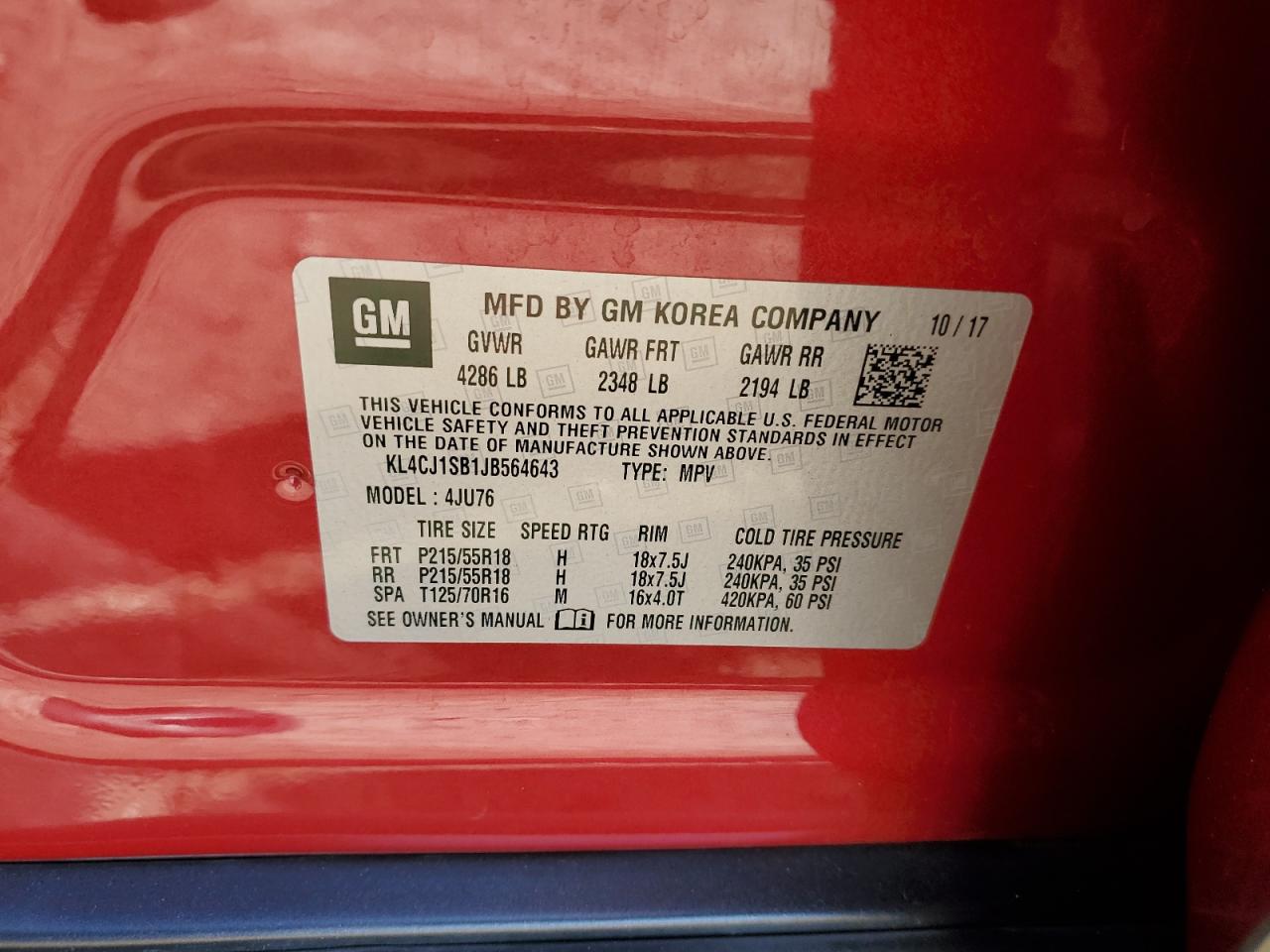 2018 Buick Encore Sport Touring VIN: KL4CJ1SB1JB564643 Lot: 82750135