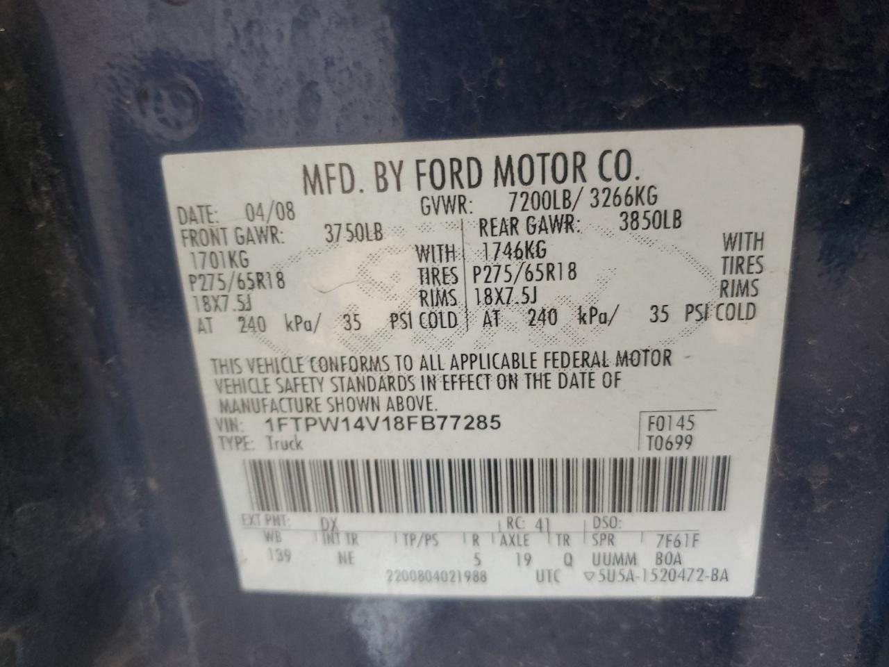 2008 Ford F150 Supercrew VIN: 1FTPW14V18FB77285 Lot: 84756795