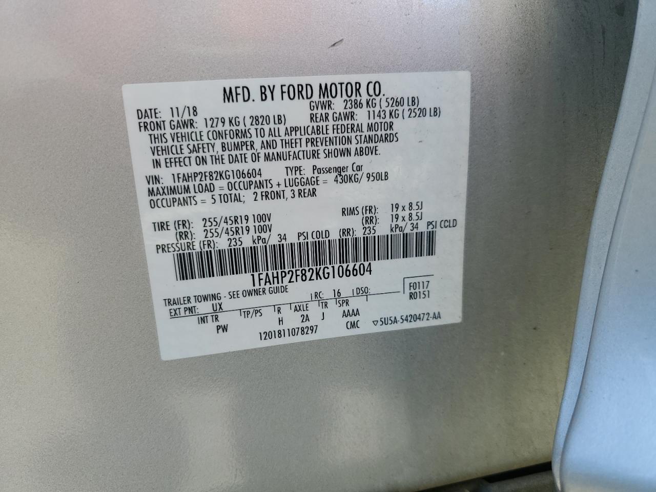 2019 Ford Taurus Limited VIN: 1FAHP2F82KG106604 Lot: 82781255