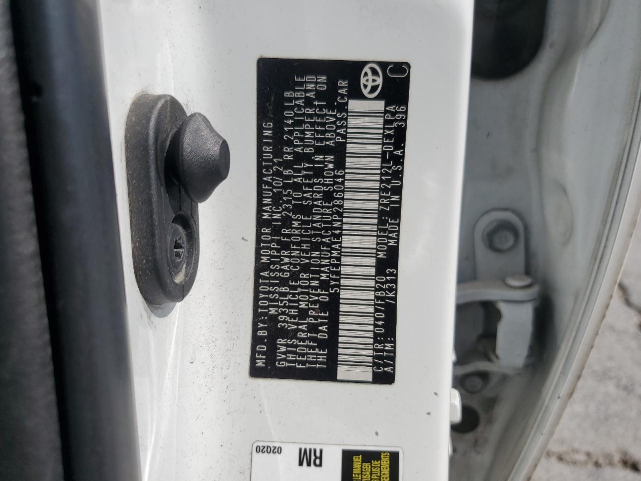 2022 Toyota Corolla Le VIN: 5YFEPMAE4NP286046 Lot: 85881745