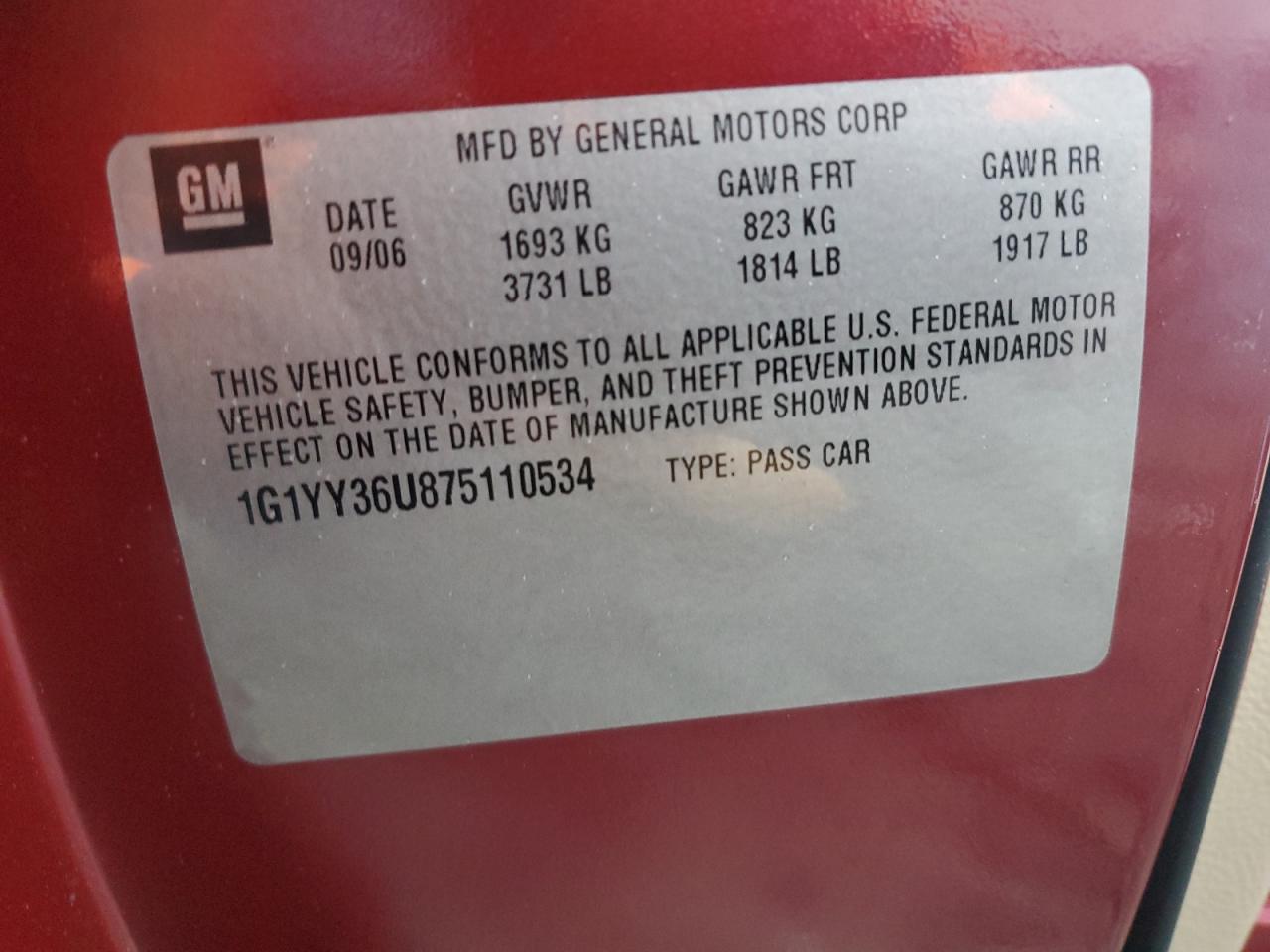 2007 Chevrolet Corvette VIN: 1G1YY36U875110534 Lot: 85545425