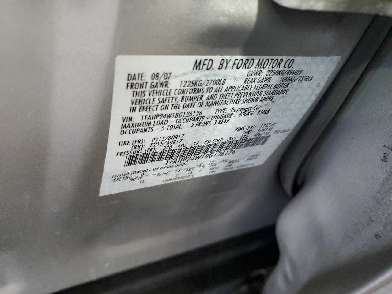 2008 Ford Taurus Sel VIN: 1FAHP24W18G126126 Lot: 90874905