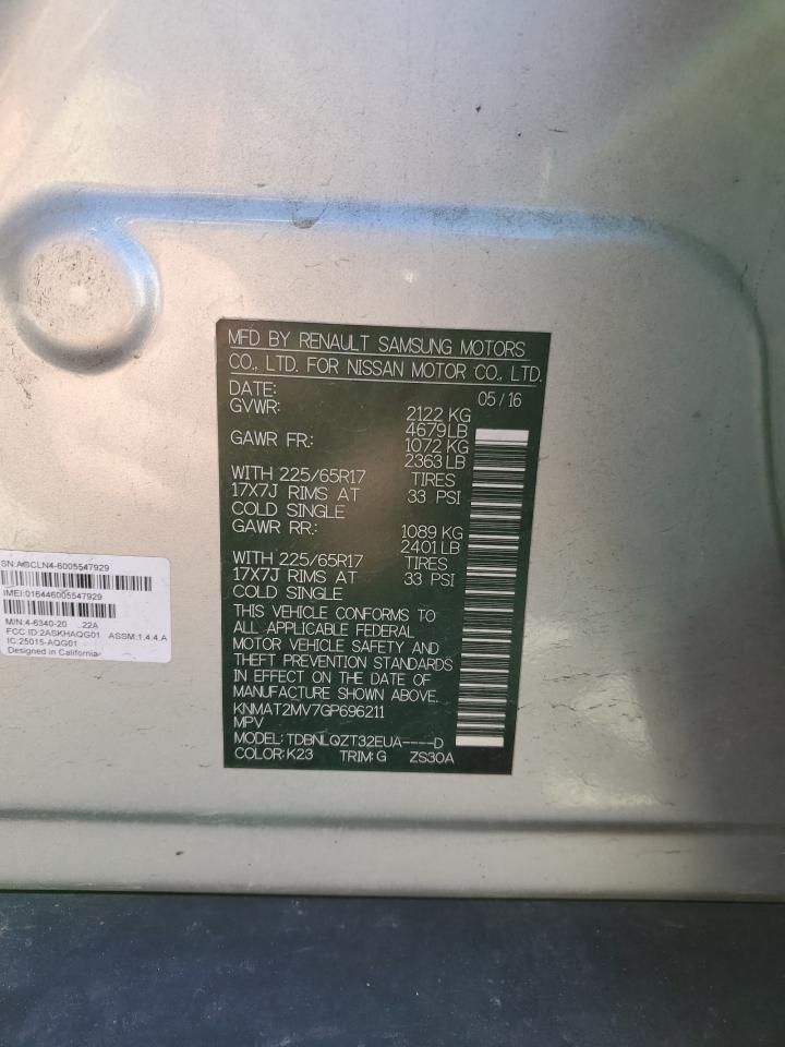 2016 Nissan Rogue S VIN: KNMAT2MV7GP696211 Lot: 82293225