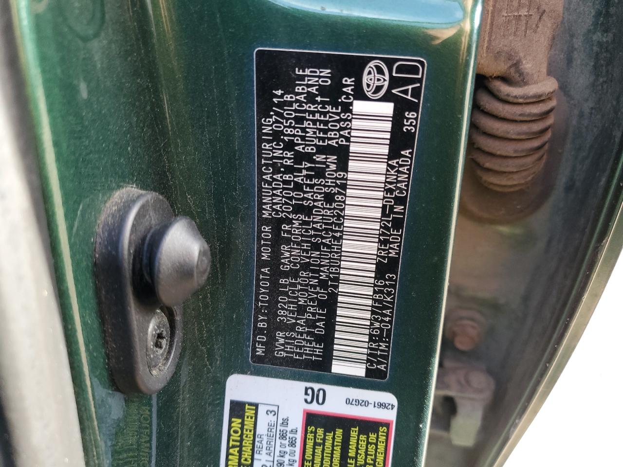 2014 Toyota Corolla L VIN: 2T1BURHE4EC208719 Lot: 82383915