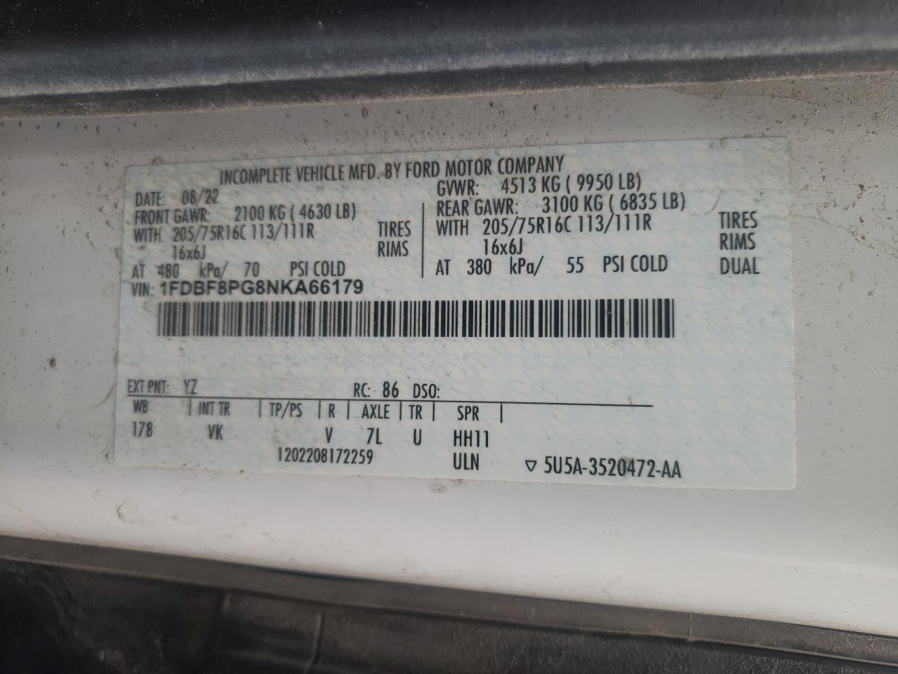 2022 Ford Transit T-350 Hd VIN: 1FDBF8PG8NKA66179 Lot: 70988355