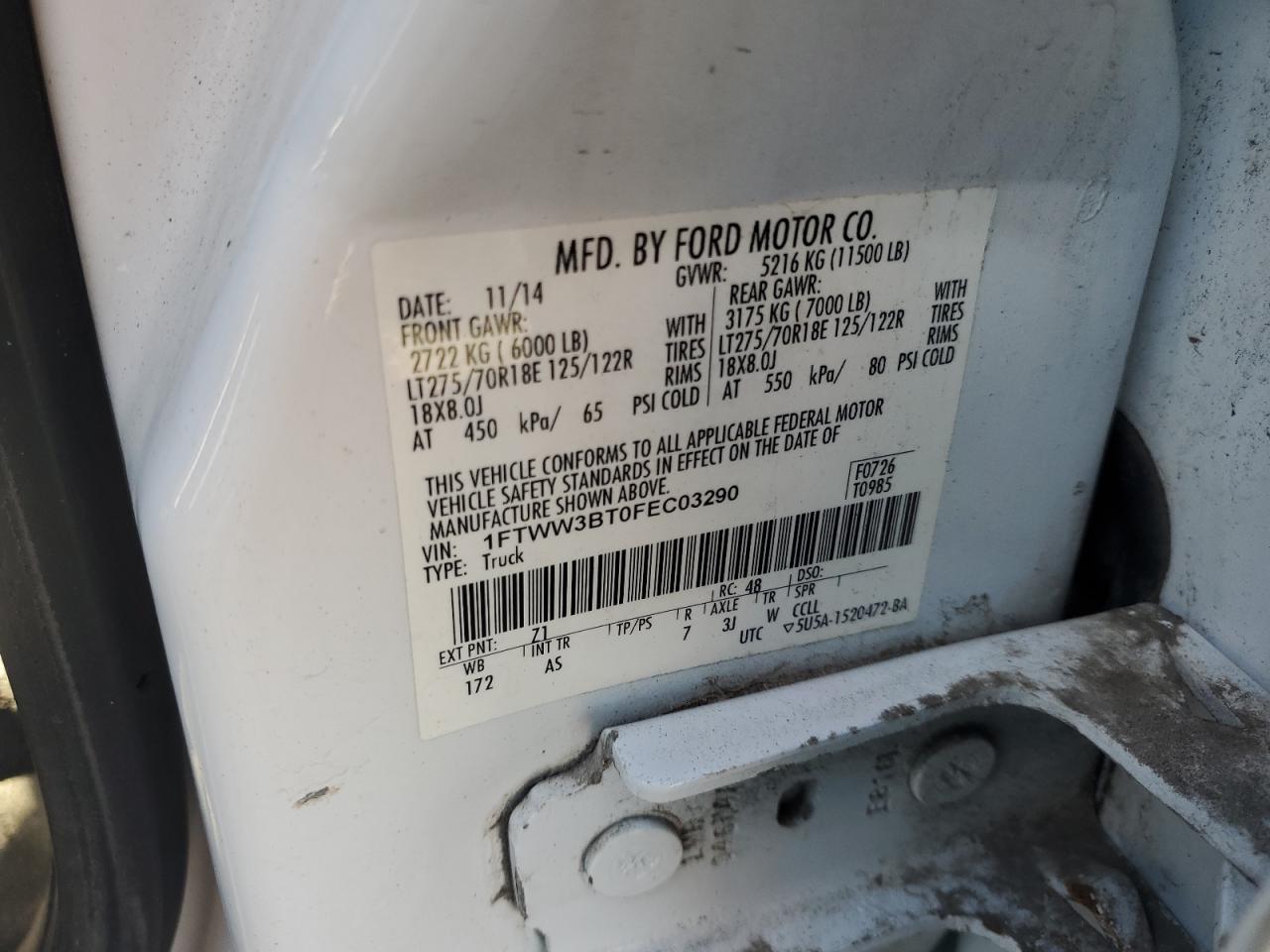 2015 Ford F350 Super Duty VIN: 1FTWW3BT0FEC03290 Lot: 90527155