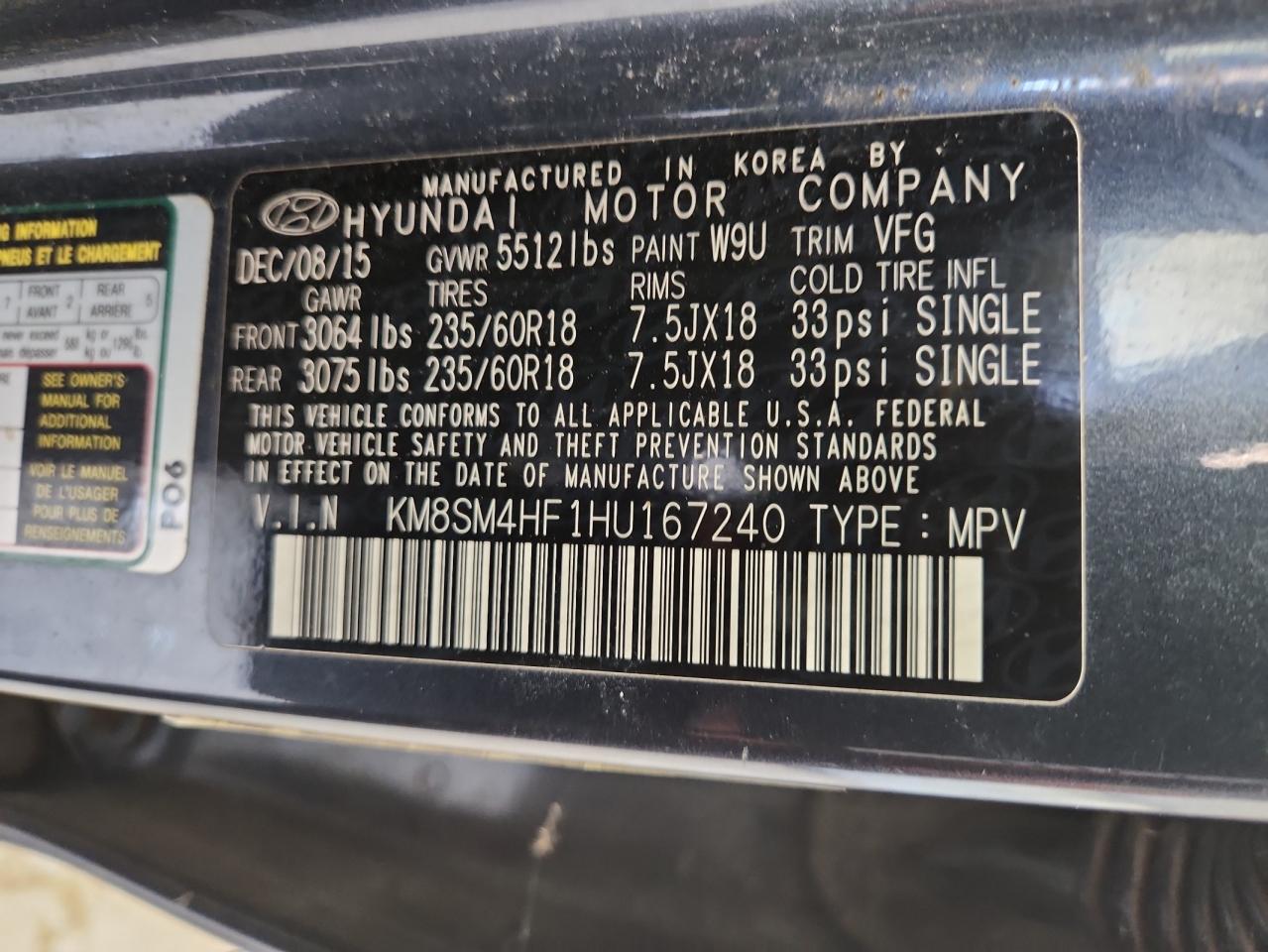 2017 Hyundai Santa Fe Se VIN: KM8SM4HF1HU167240 Lot: 82233795