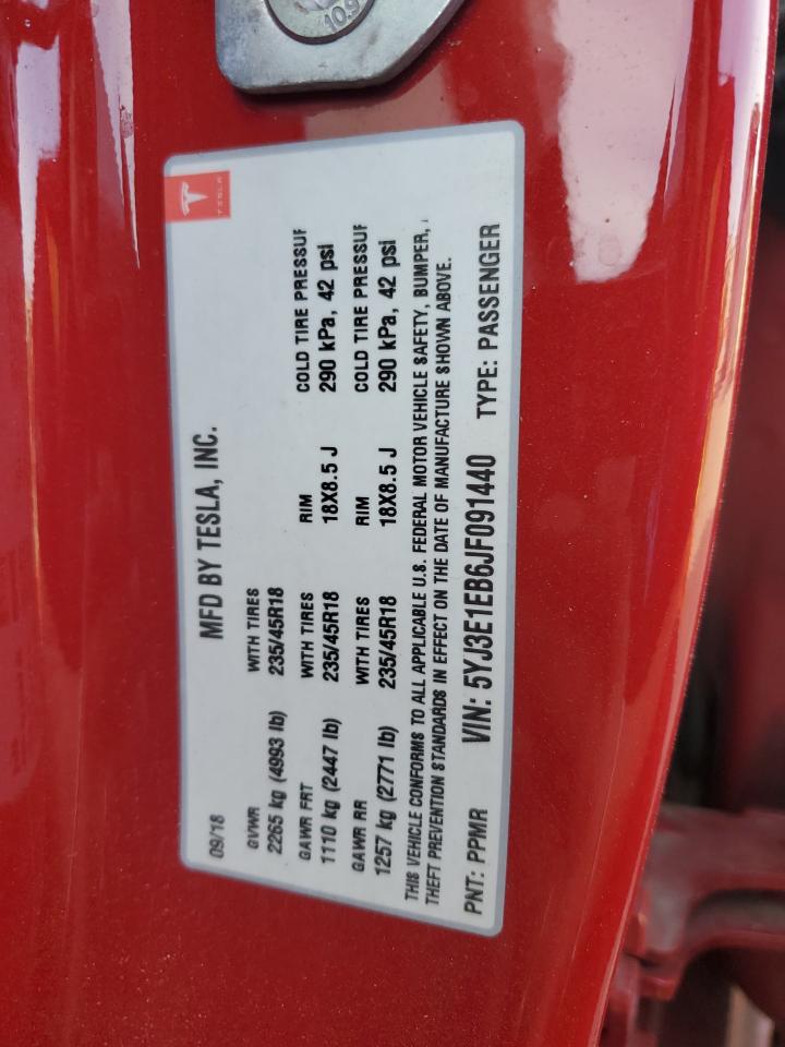 2018 Tesla Model 3 VIN: 5YJ3E1EB6JF091440 Lot: 83957885