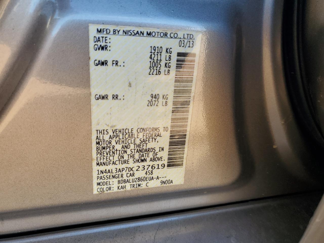 2013 Nissan Altima 2.5 VIN: 1N4AL3AP7DC237619 Lot: 82439415