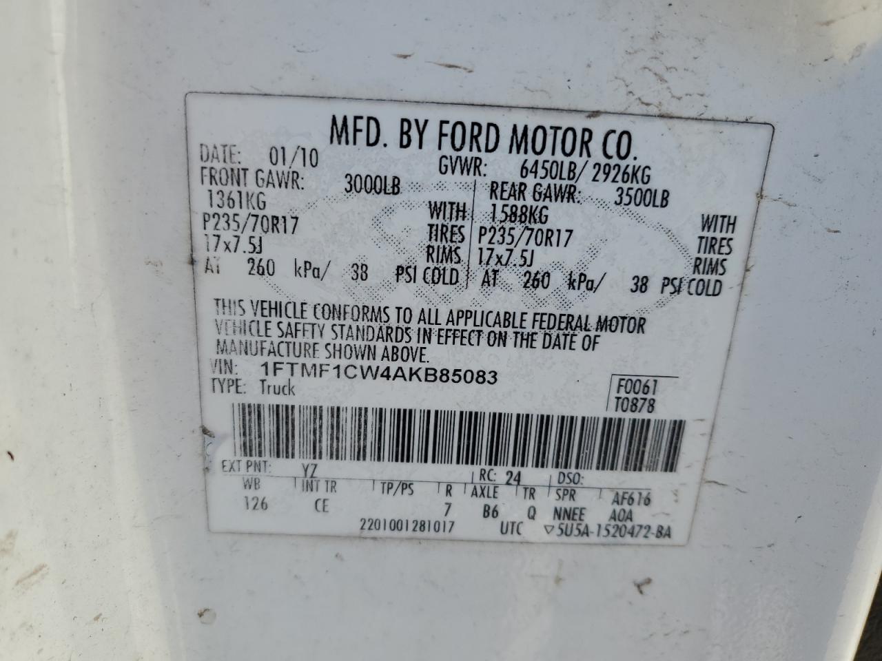 2010 Ford F150 VIN: 1FTMF1CW4AKB85083 Lot: 86429715