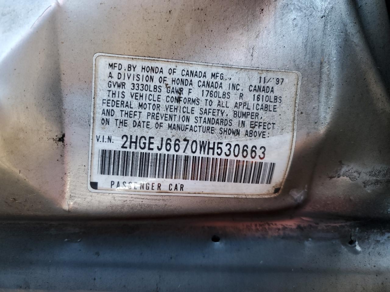 1998 Honda Civic Lx VIN: 2HGEJ6670WH530663 Lot: 84996705