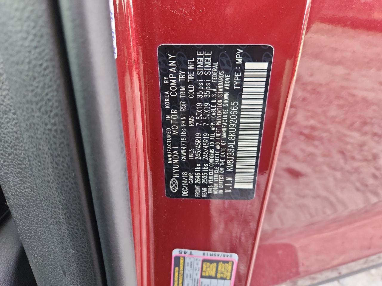 2019 Hyundai Tucson Limited VIN: KM8J33AL8KU920665 Lot: 82308655