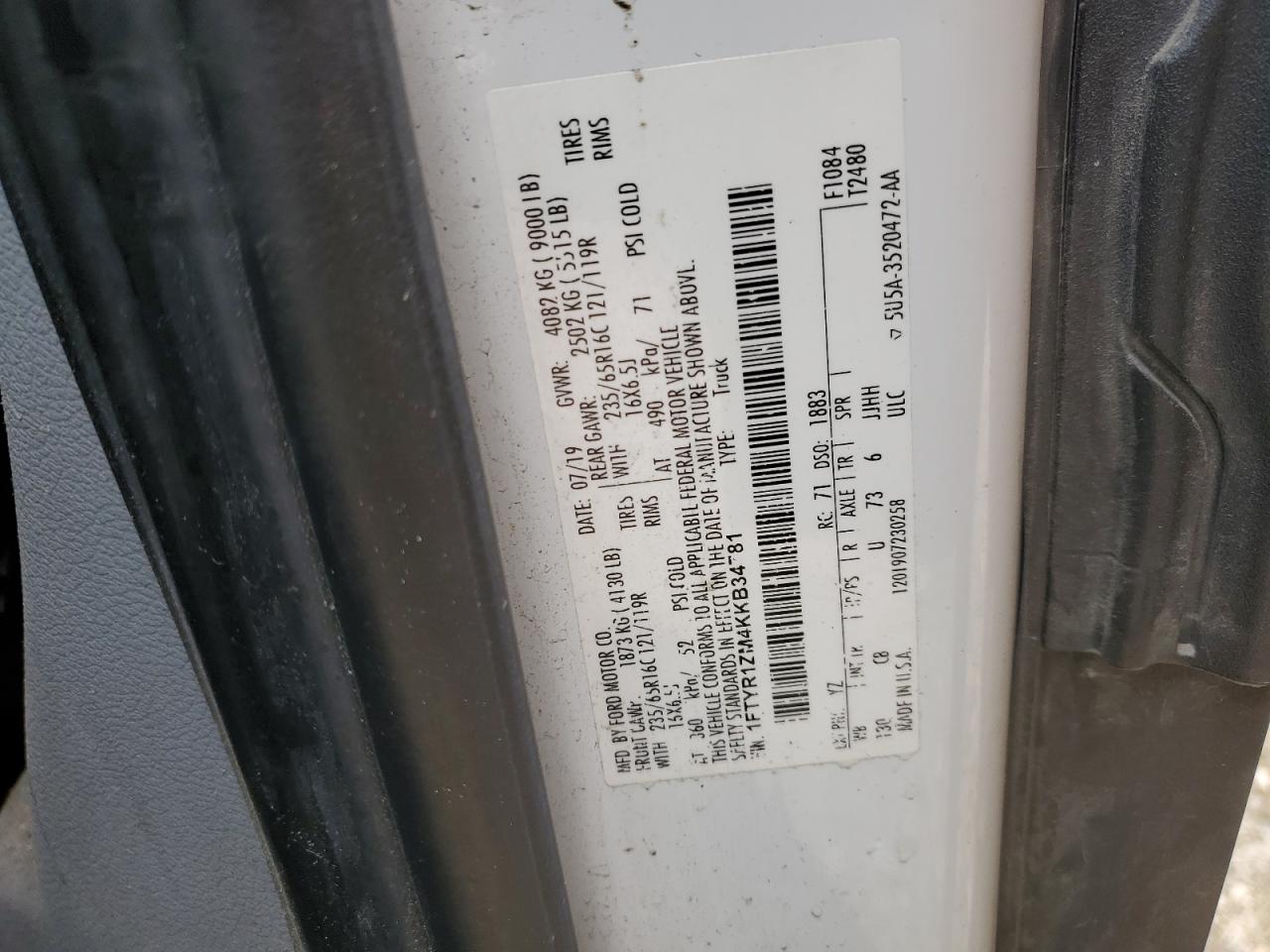 2019 Ford Transit T-250 VIN: 1FTYR1ZM4KKB34781 Lot: 86246875