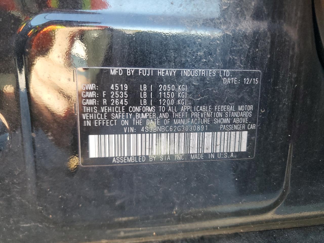 2016 Subaru Legacy 2.5I Premium VIN: 4S3BNBC62G3030891 Lot: 82372845