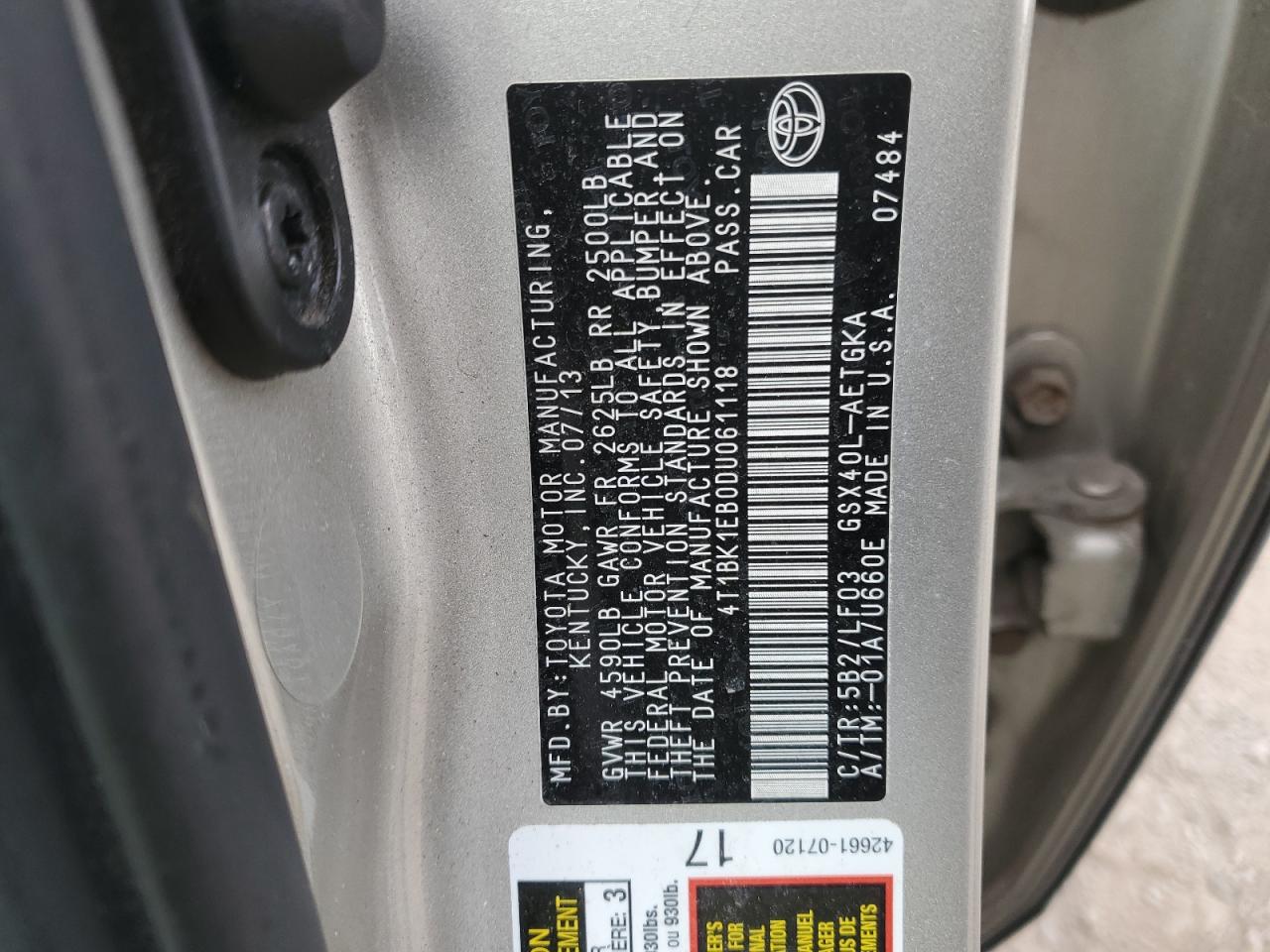 2013 Toyota Avalon Base VIN: 4T1BK1EB0DU061118 Lot: 90802925