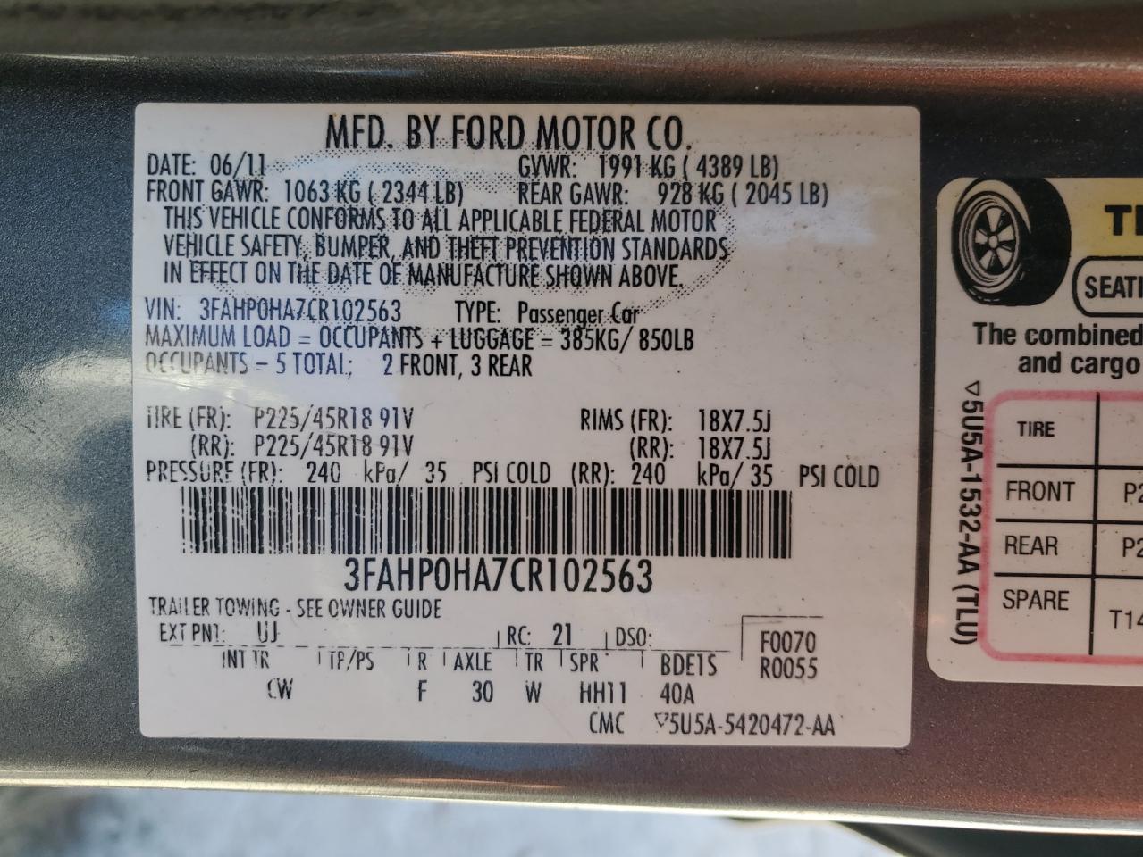 2012 Ford Fusion Se VIN: 3FAHP0HA7CR102563 Lot: 90479305