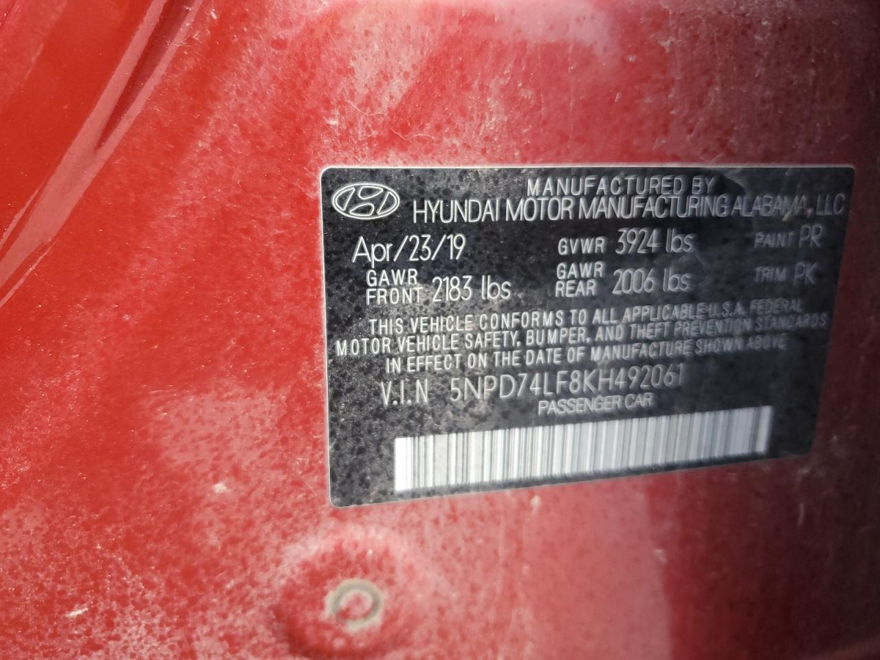 2019 Hyundai Elantra Se VIN: 5NPD74LF8KH492061 Lot: 86493195