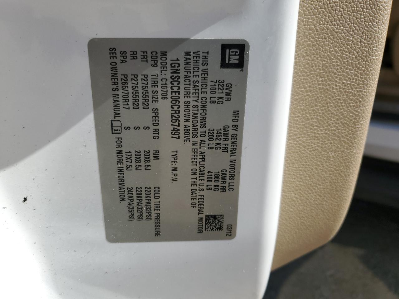 2012 Chevrolet Tahoe C1500 Ltz VIN: 1GNSCCE06CR267497 Lot: 82643565