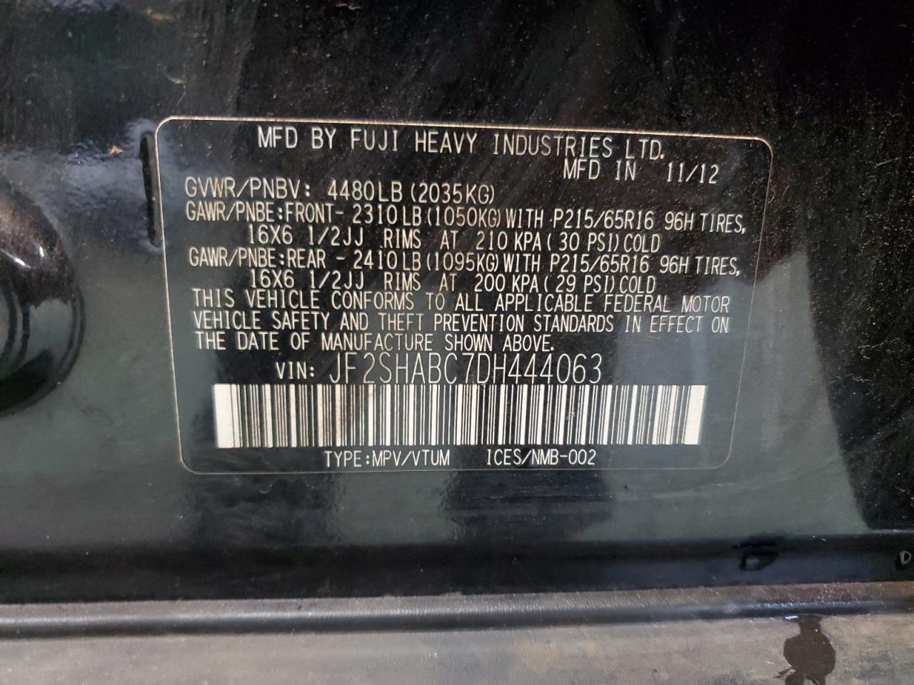 2013 Subaru Forester 2.5X VIN: JF2SHABC7DH444063 Lot: 86663325