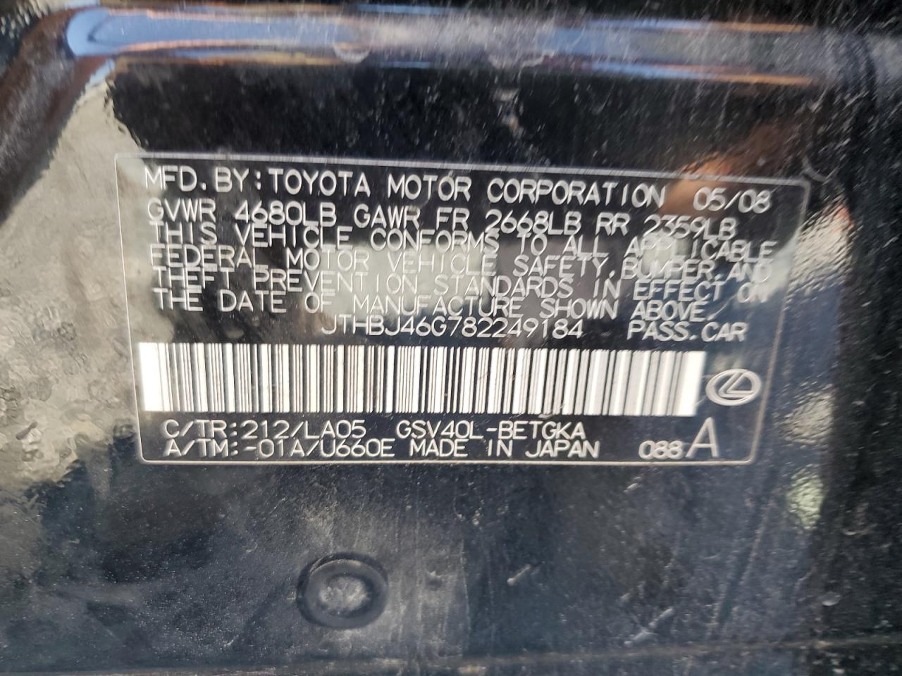 2008 Lexus Es 350 VIN: JTHBJ46G782249184 Lot: 84759775