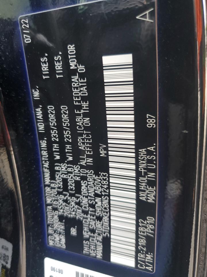 2022 Toyota Sienna Xse VIN: 5TDXRKEC8NS124833 Lot: 85307295