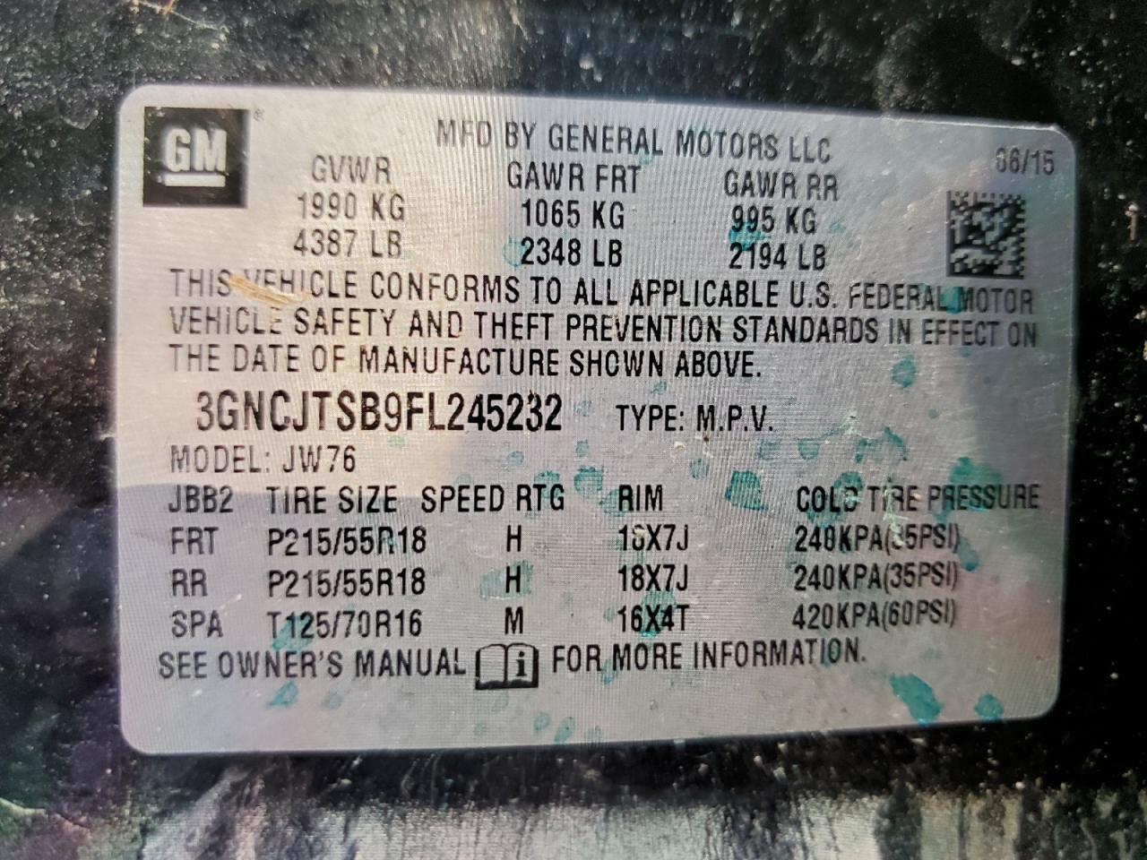 2015 Chevrolet Trax Ltz VIN: 3GNCJTSB9FL245232 Lot: 63621875