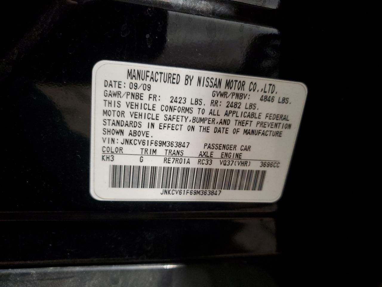 2009 Infiniti G37 VIN: JNKCV61F69M363847 Lot: 85918415