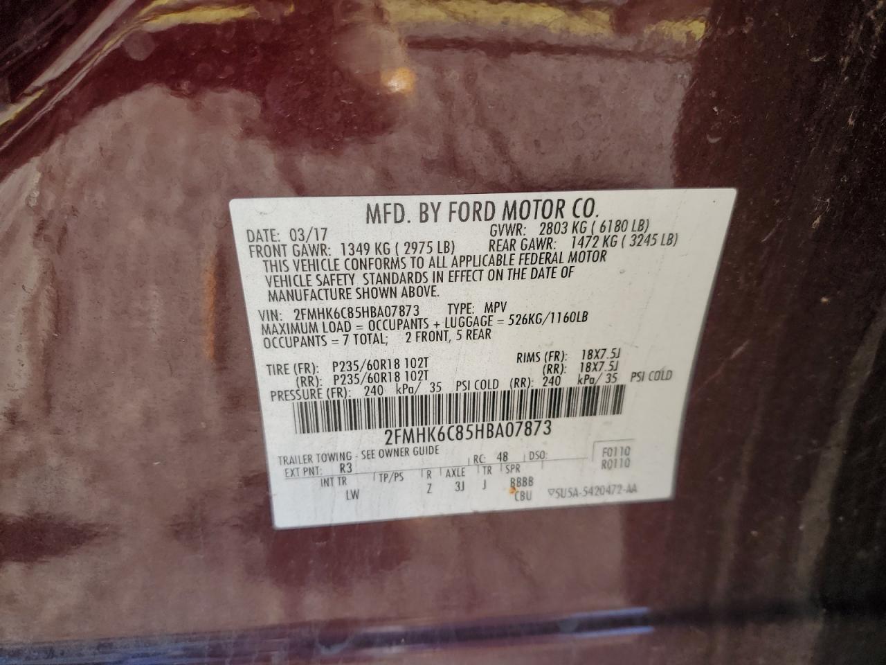 2017 Ford Flex Sel VIN: 2FMHK6C85HBA07873 Lot: 90508555