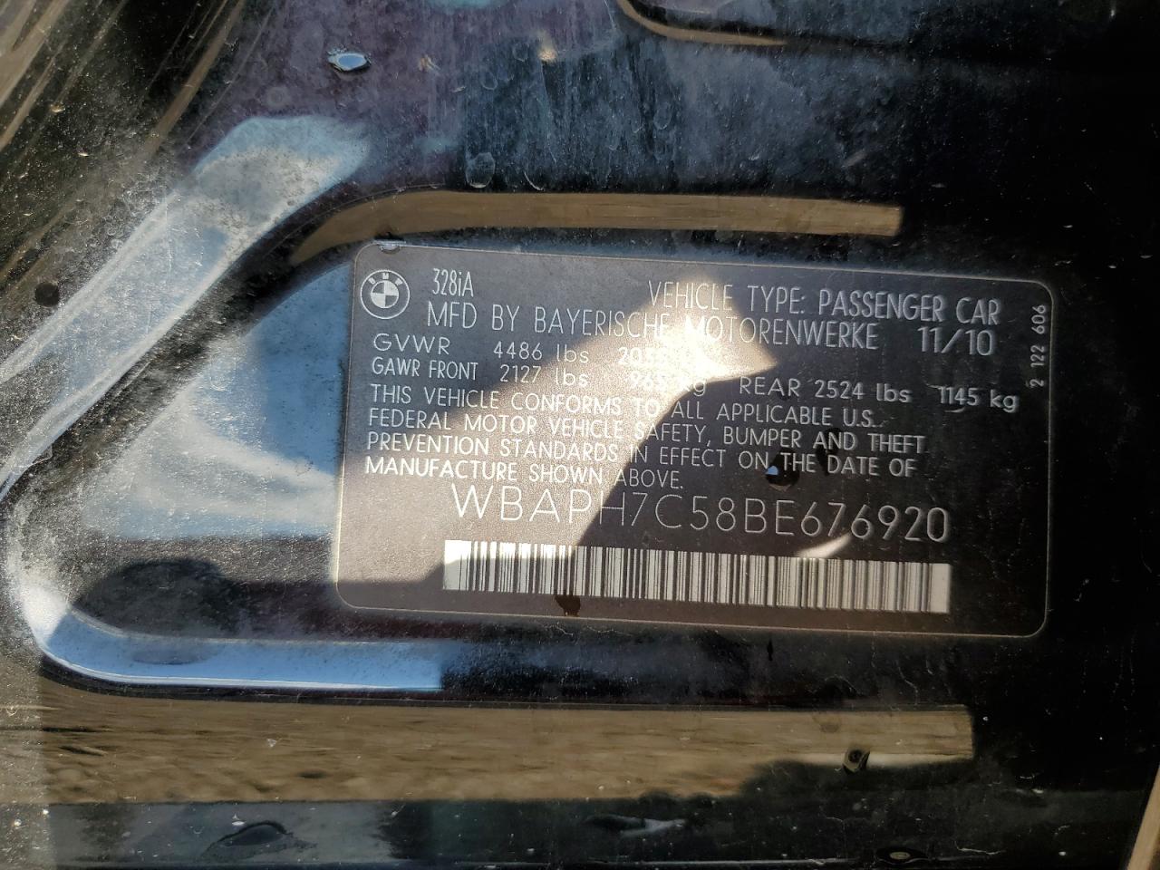 2011 BMW 328 I VIN: WBAPH7C58BE676920 Lot: 85508035