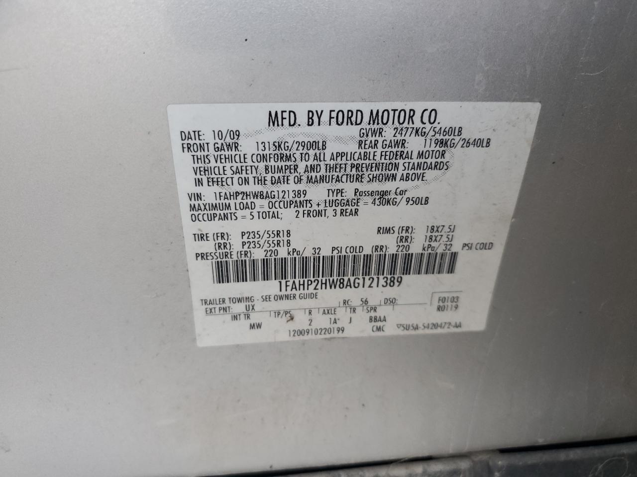 2010 Ford Taurus Sel VIN: 1FAHP2HW8AG121389 Lot: 82199815