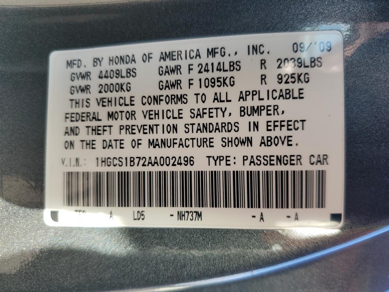 2010 Honda Accord Ex VIN: 1HGCS1B72AA002496 Lot: 85716005