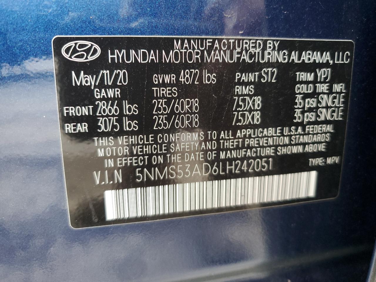 2020 Hyundai Santa Fe Limited VIN: 5NMS53AD6LH242051 Lot: 85388645