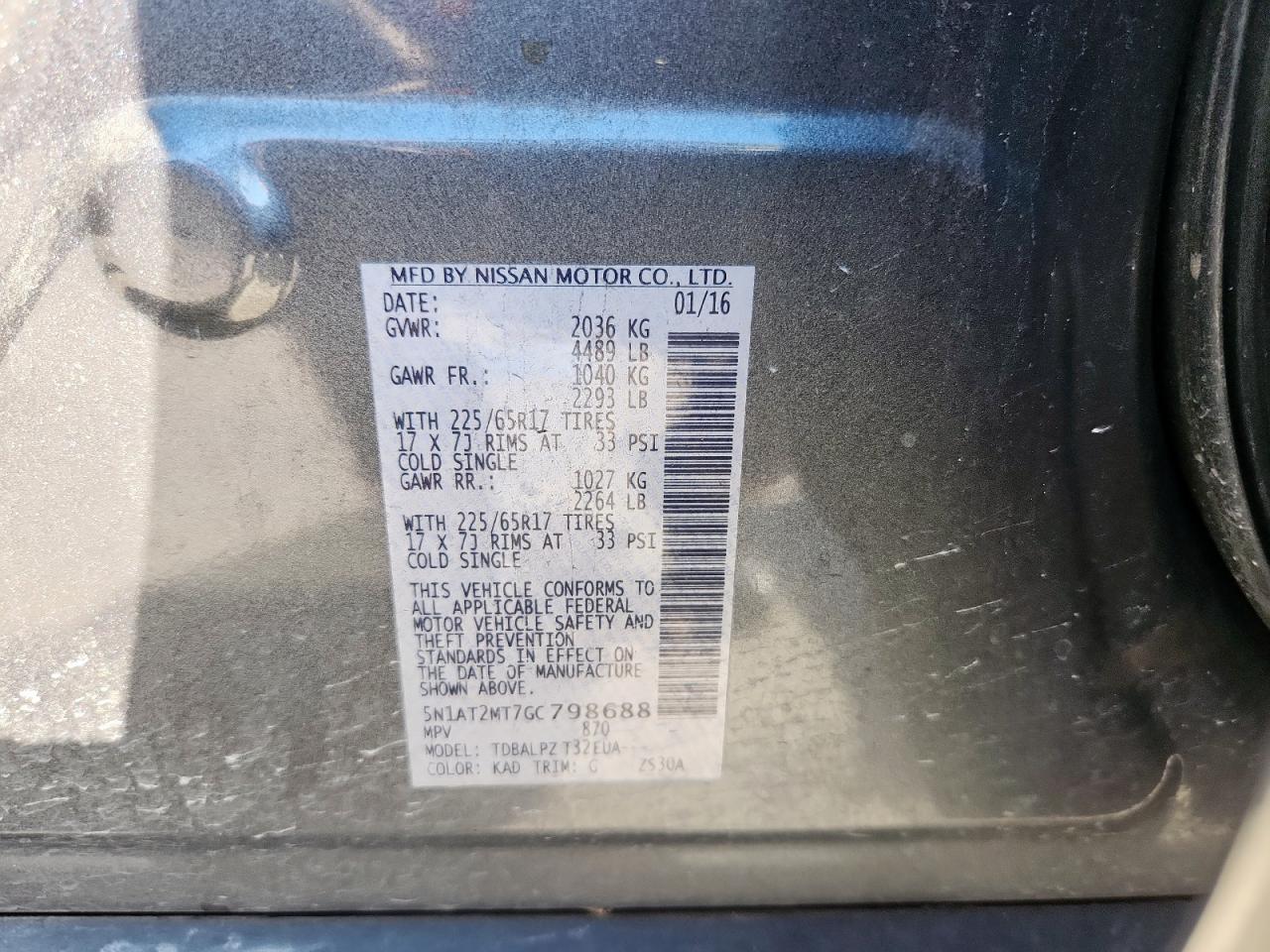 2016 Nissan Rogue S VIN: 5N1AT2MT7GC798688 Lot: 85595585