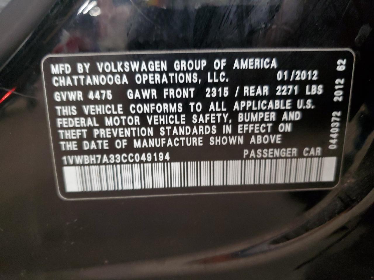 2012 Volkswagen Passat Se VIN: 1VWBH7A33CC049194 Lot: 82640275