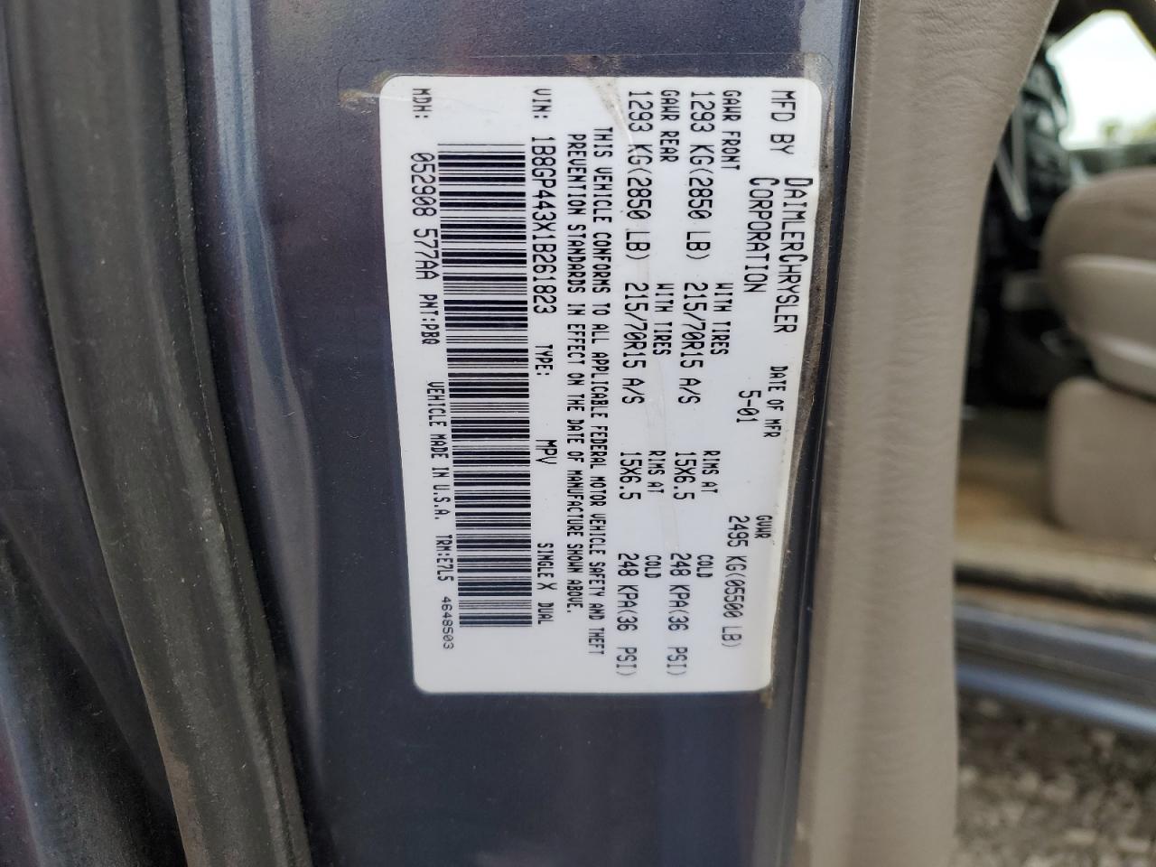 2001 Dodge Grand Caravan Sport VIN: 1B8GP443X1B261823 Lot: 82759685