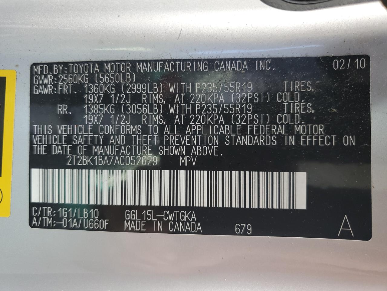 2010 Lexus Rx 350 VIN: 2T2BK1BA7AC052629 Lot: 82304555