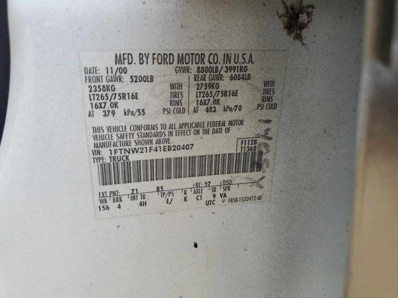 2001 Ford F250 Super Duty VIN: 1FTNW21F41EB20407 Lot: 84742805