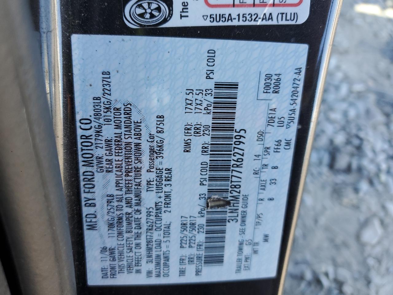 2007 Lincoln Mkz VIN: 3LNHM28T77R627995 Lot: 90742125