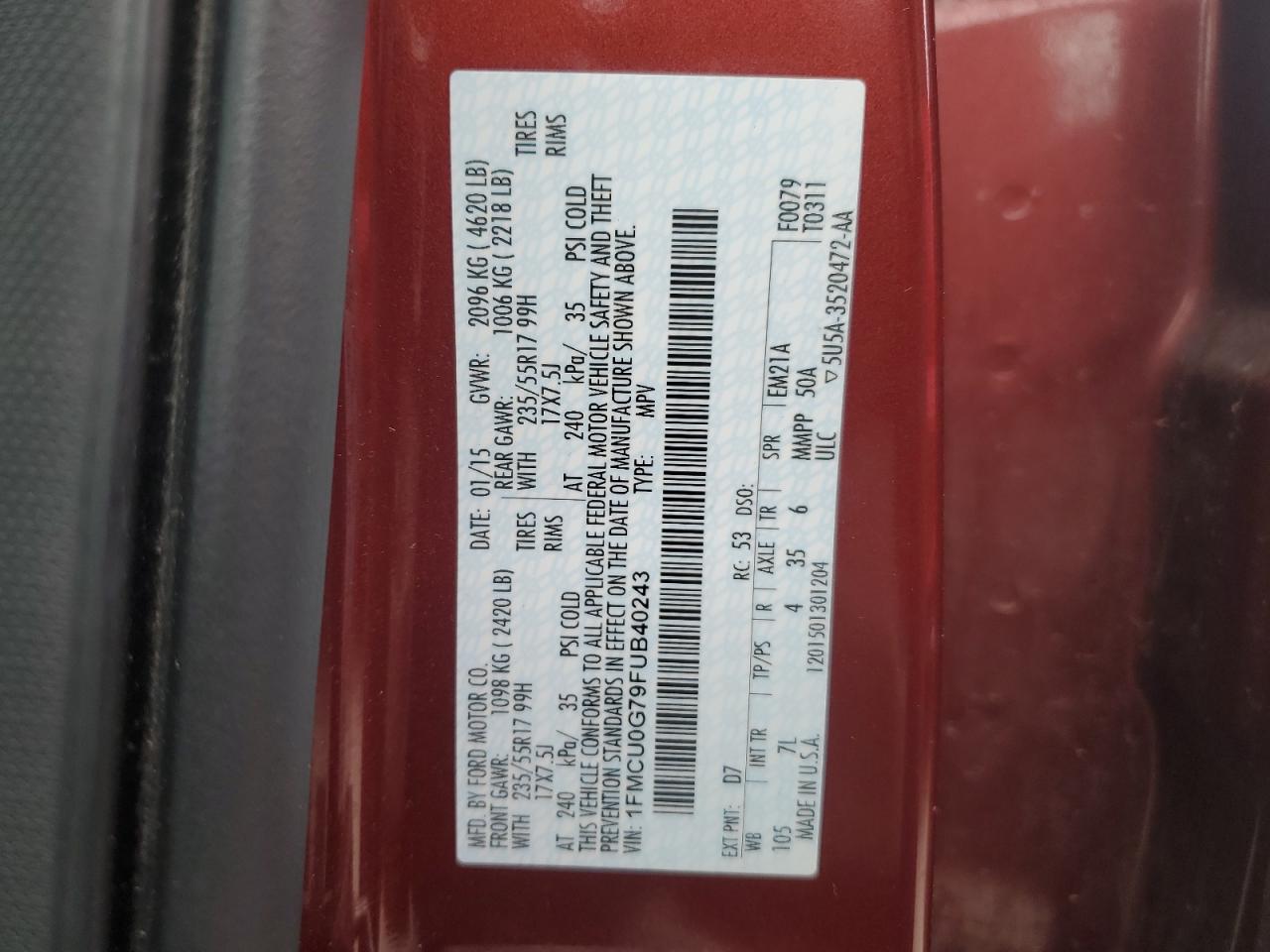 2015 Ford Escape Se VIN: 1FMCU0G79FUB40243 Lot: 90710035