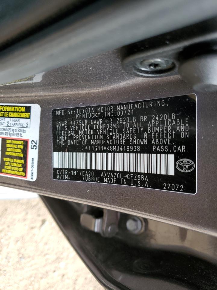2021 Toyota Camry Se VIN: 4T1G11AK8MU449938 Lot: 84549335