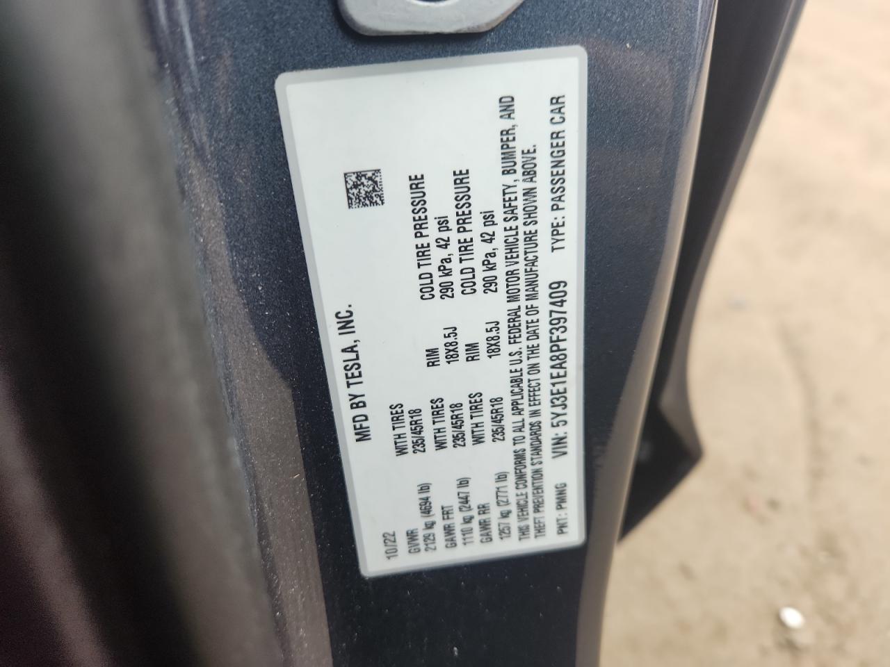 2023 Tesla Model 3 VIN: 5YJ3E1EA8PF397409 Lot: 89634535